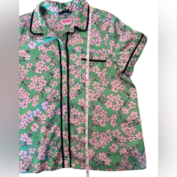 Kate Spade Charm Floral Button Down Pajama Top Short Sleeve Green & Pink Sz Med - Picture 6 of 16